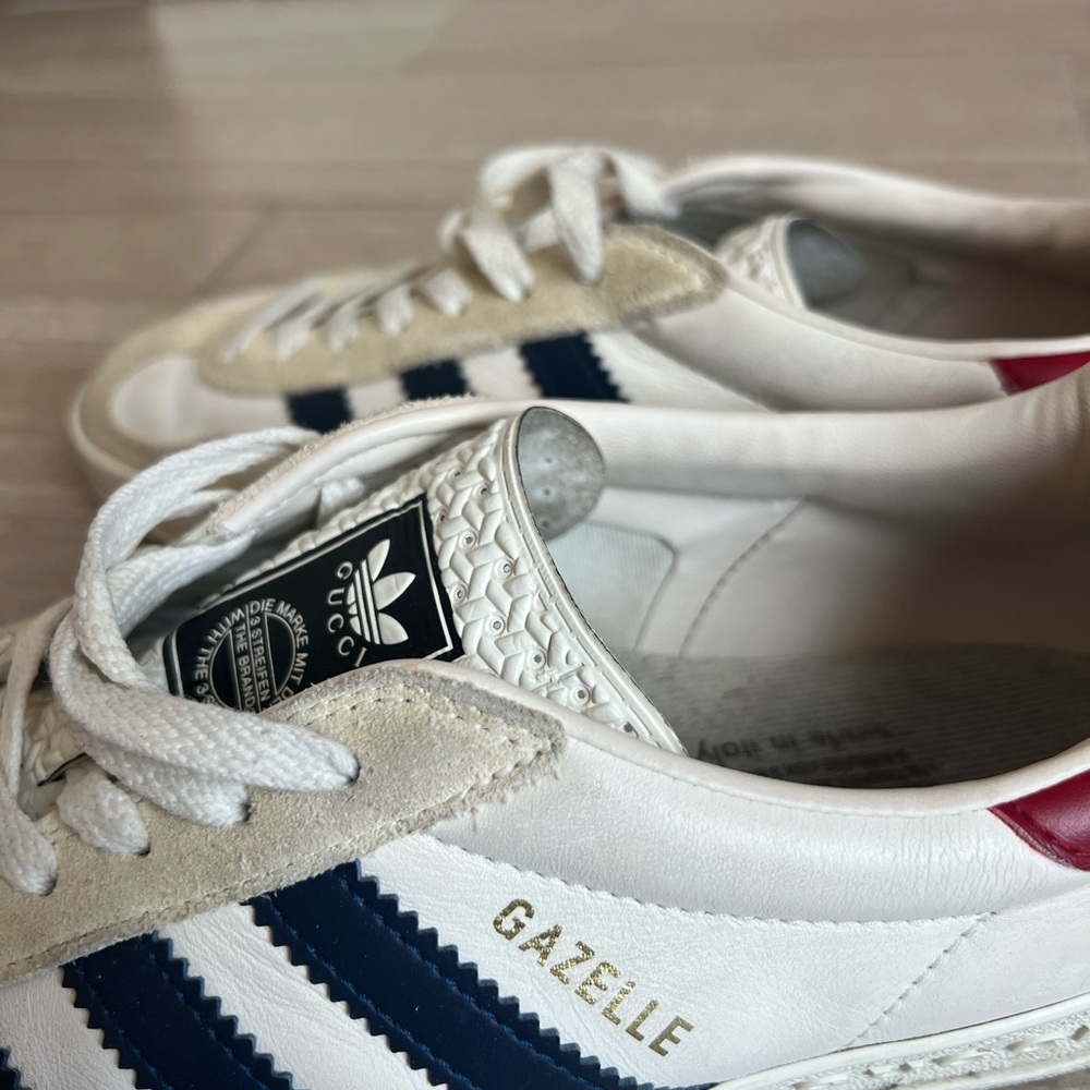 Gucci Gazelle White Sneakers with Blue Stripes